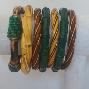 Natural Bamboo, Wicker, Cinnabar Style Resin,Gold Wire Bangle Bracelets Lot Of 7
